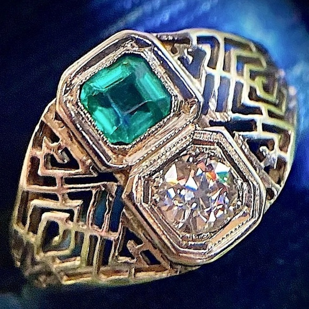 Antique Genuine Diamond Ring Solid 14K Gold Old European Cut Art Deco Filigree - Picture 7 of 14